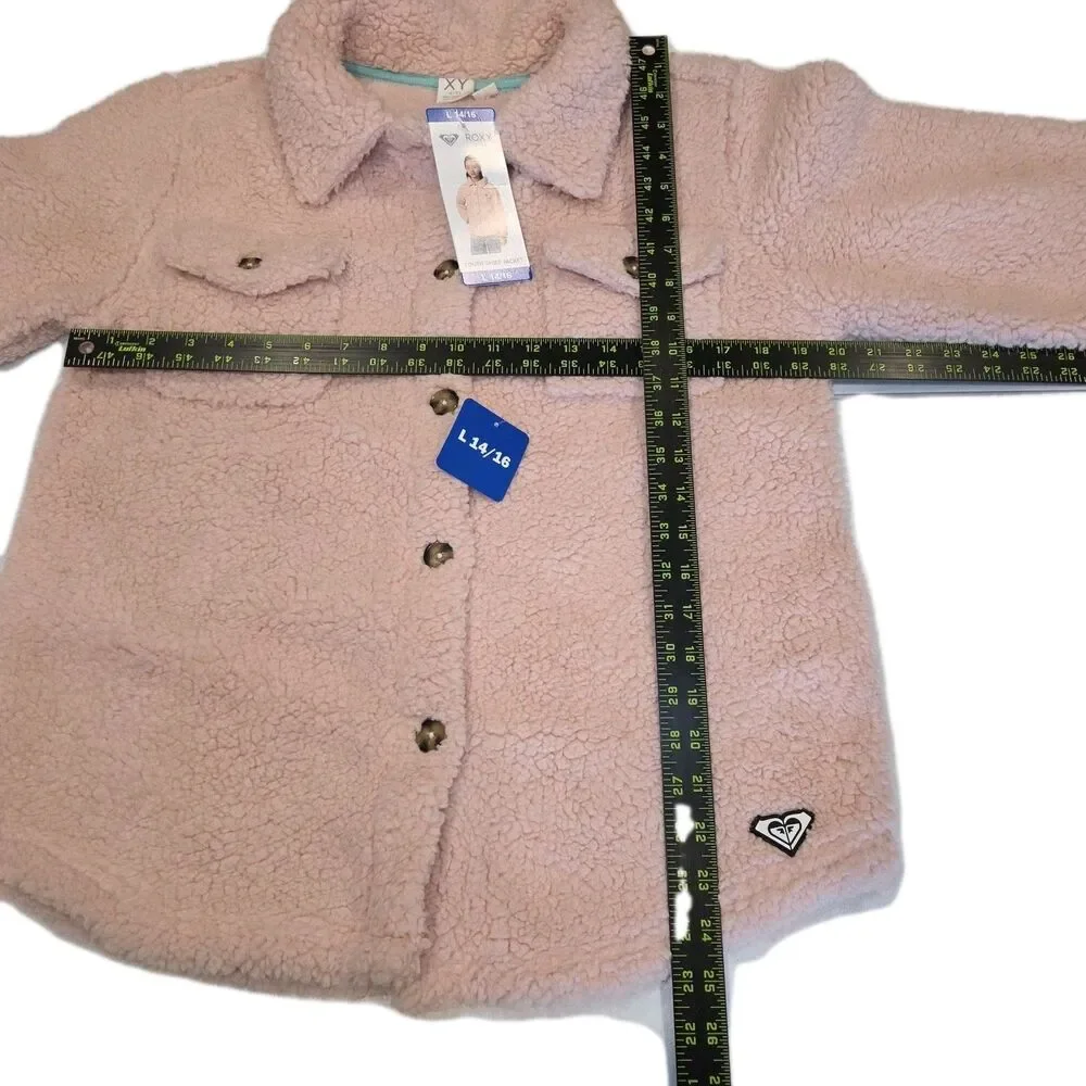 ROXY Girl Fleece Sherpa Shacket Jacket Pink Button Front Pockets Size‎ L